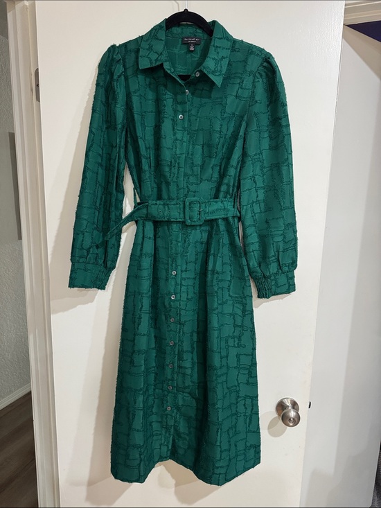 Current Air brand boutique Emerald Green Belted Shirt Dress midi length